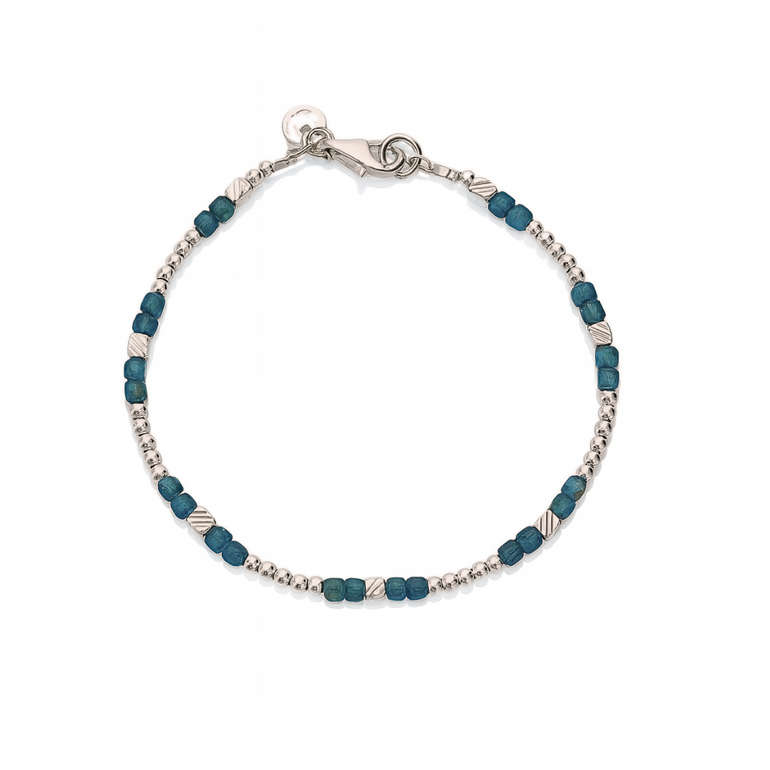 Delicate bracelet featuring alternating small teal cube beads and polished silver round and textured beads, secured with a silver lobster clasp