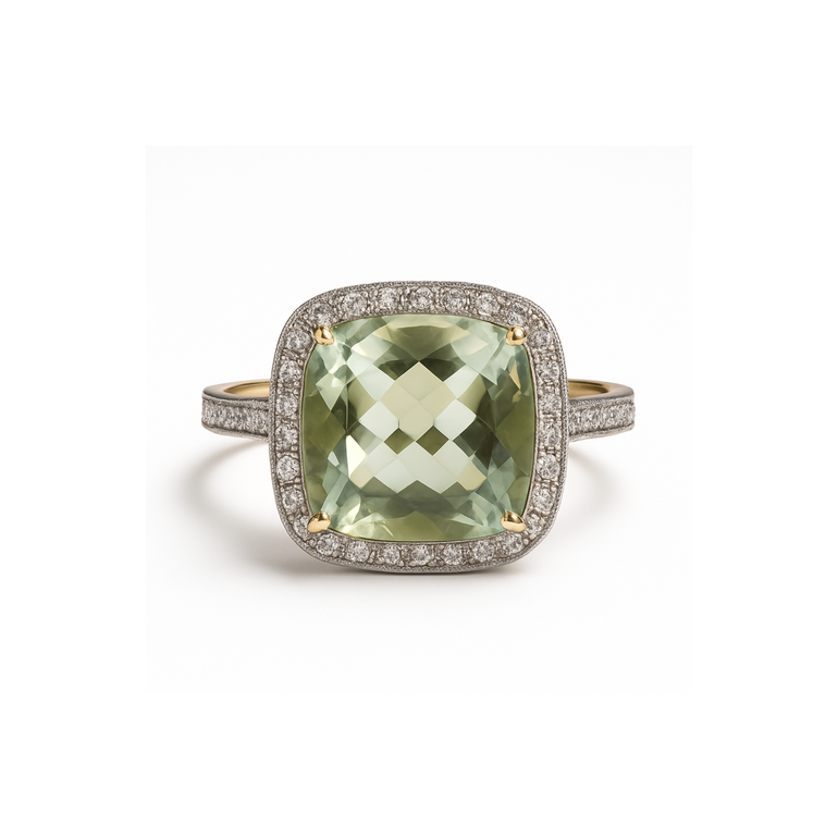 Ring with a green gemstone and diamond ring