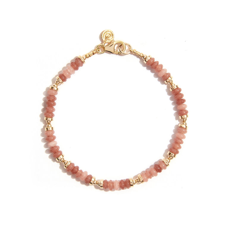 Pink Chalcedony Rondel Bracelet—a delicate blend of elegance and charm. Crafted with precision, each rondel showcases the soft pink hues of chalcedony, radiating subtle sophistication. Adorn your wrist with this graceful accessory, perfect for adding a touch of feminine allure to any ensemble.