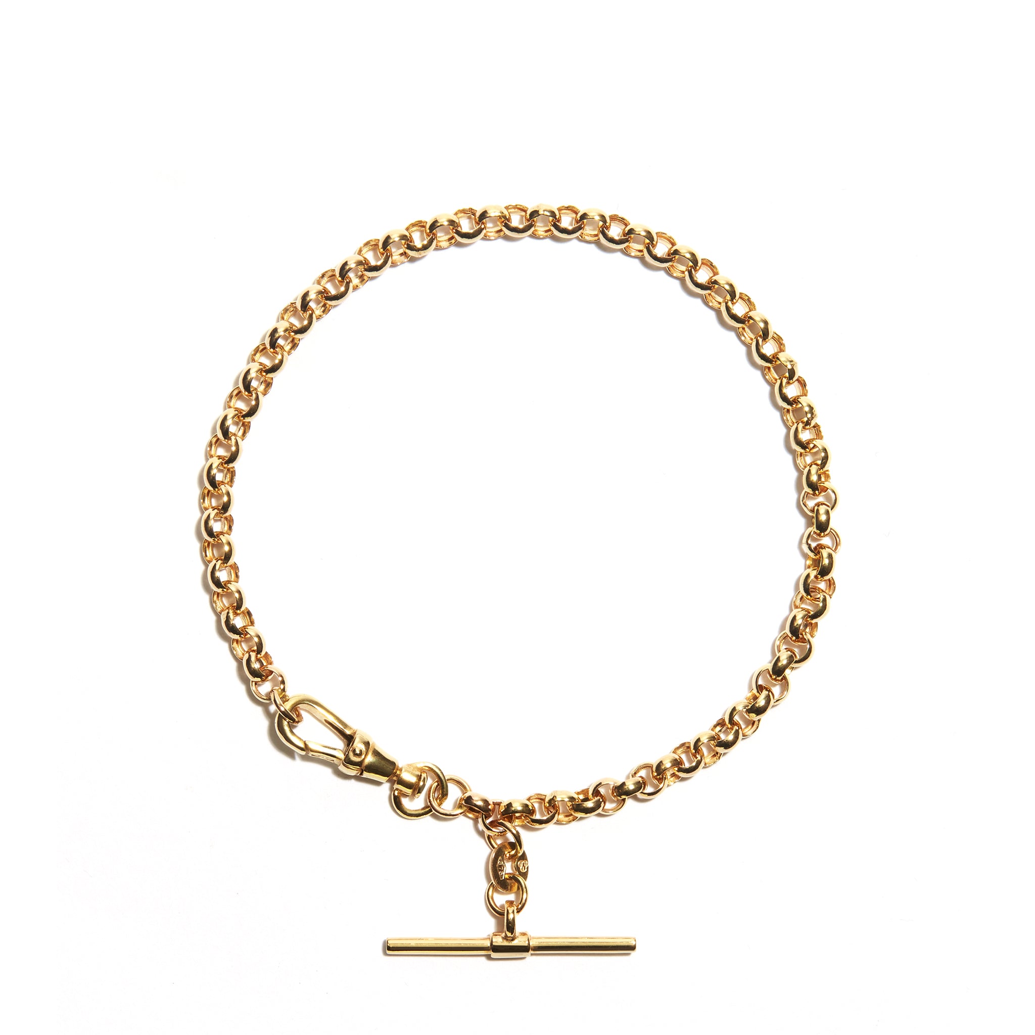 A stylish T-Bar belcher bracelet crafted from 9 Carat Gold, featuring circular delicate links for an elegant touch.