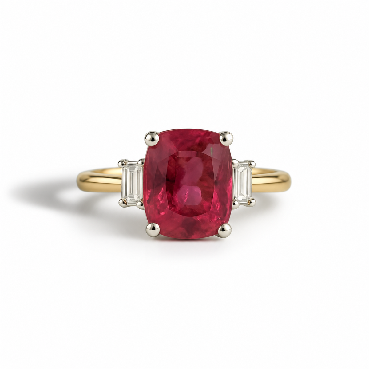 A yellow gold ring featuring a cushion-cut deep pinkish-red center stone, flanked by two baguette-cut clear side stones in silver-toned settings, on a white background.