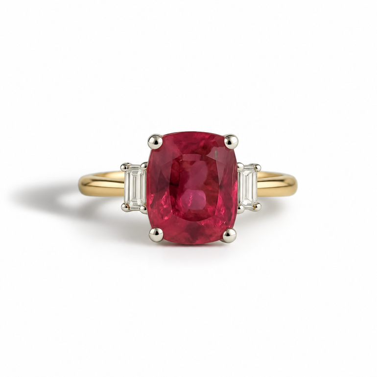 A yellow gold ring featuring a cushion-cut deep pinkish-red center stone, flanked by two baguette-cut clear side stones in silver-toned settings, on a white background.