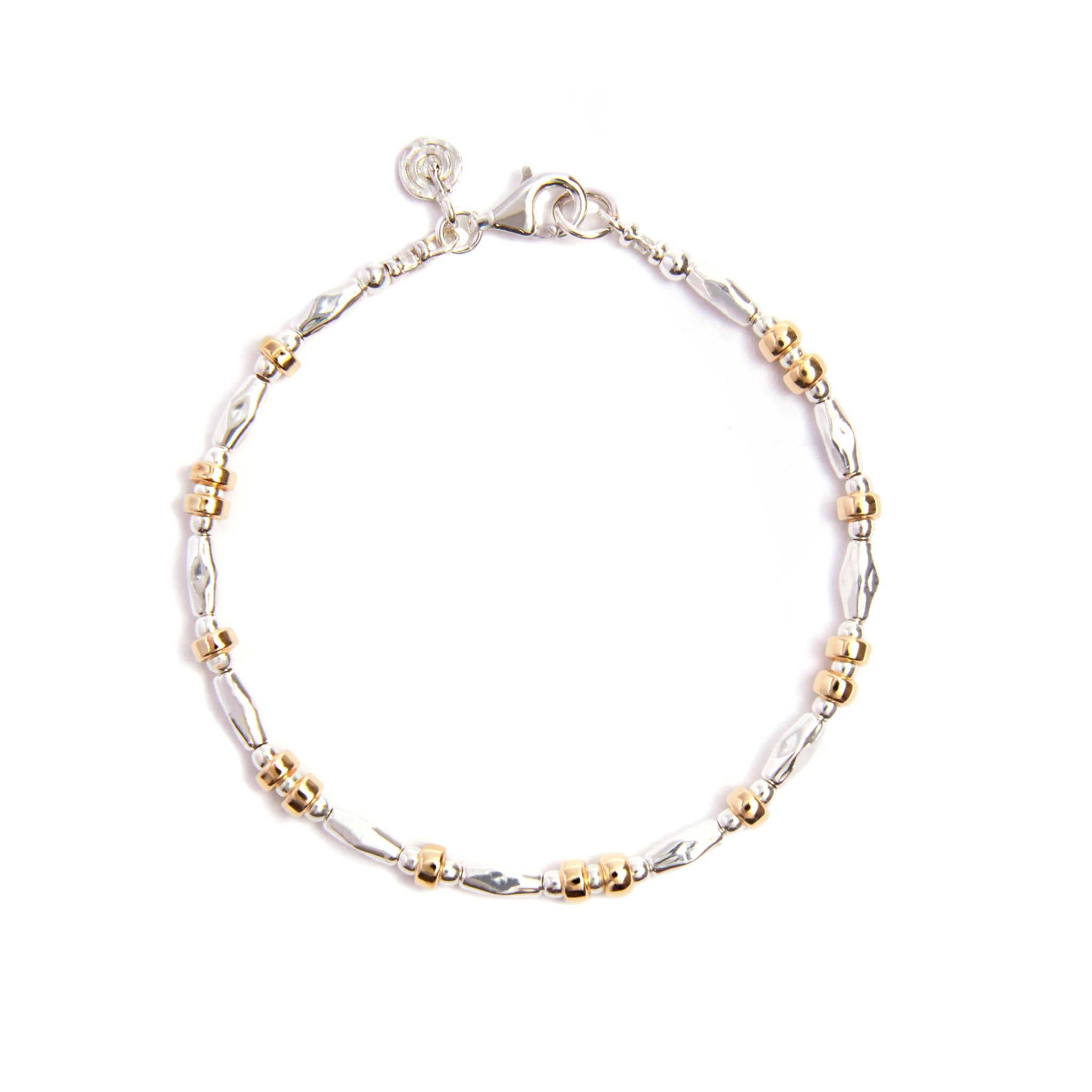 A chic Twisted Elegance Mixed Metal Oval Bracelet crafted from 14ct gold fill, featuring details of twisted oval beads made from sterling silver, adding a touch of sophistication to any look.