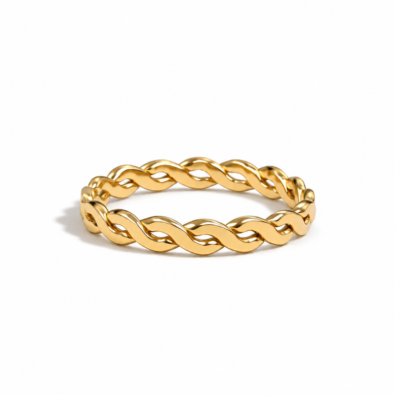A polished gold chain ring with a twisted, braided link design, shown on a clean white background.