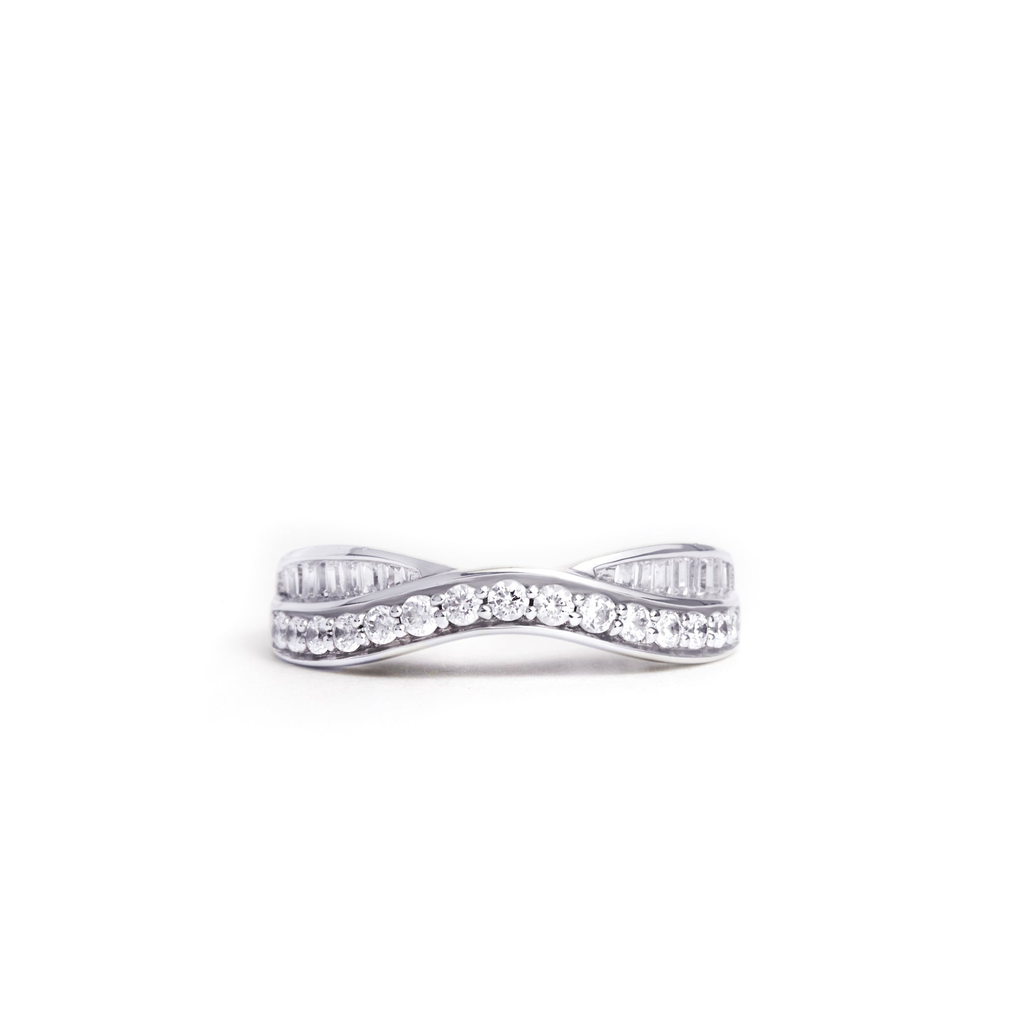 Round and Baguette Cut Entwined Double Band ring, crafted from 18k White Gold and adorned with Round Brilliant Cut and Baguette Cut Natural Diamonds. Total Diamond Weight: 0.50ct, G/H Colour, SI Clarity, and customizable options. Elevate your style with this stunning piece, symbolizing elegance and sophistication