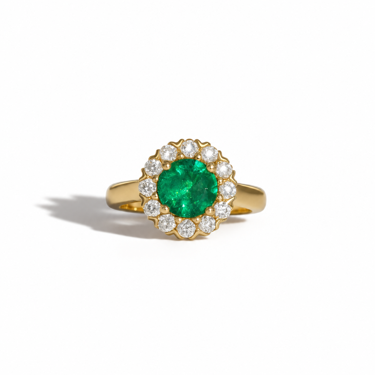 Yellow gold emerald and diamond halo ring with round green emerald centre stone and brilliant-cut diamond surround