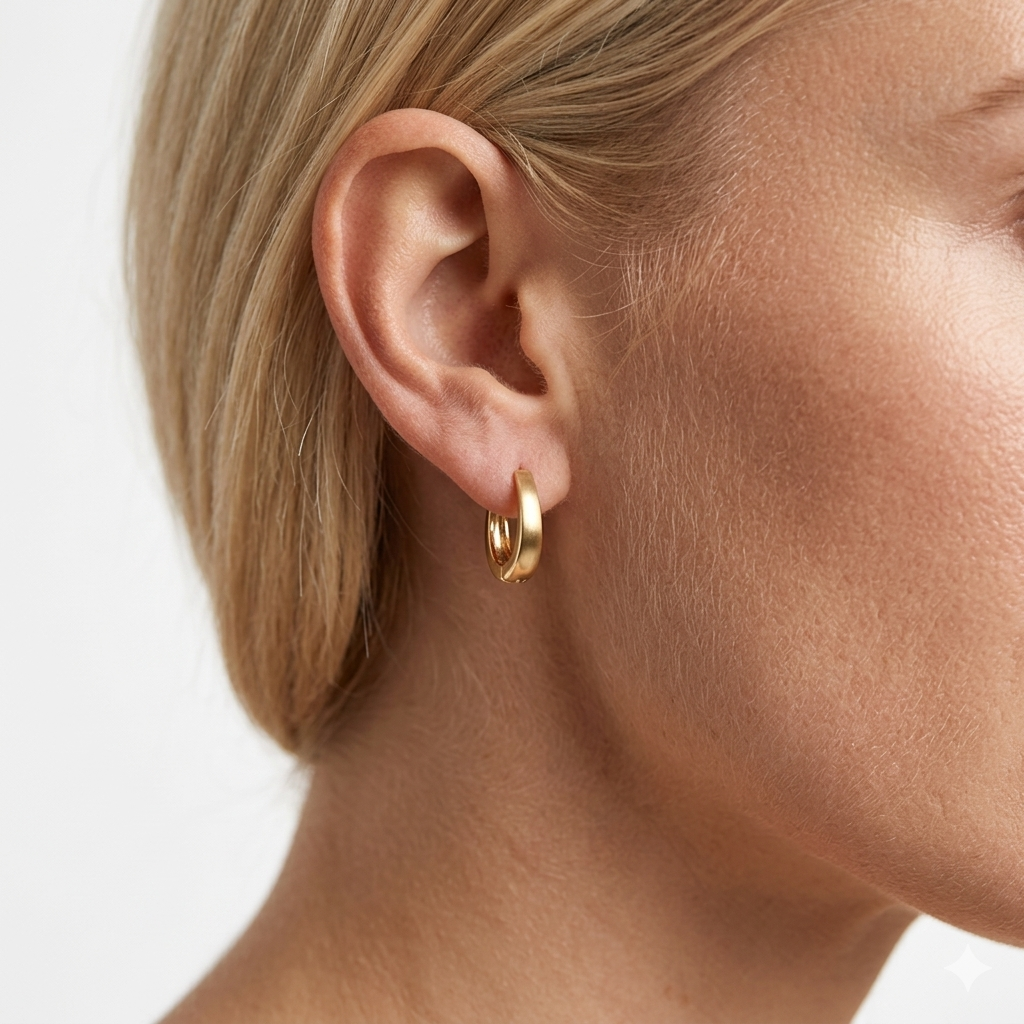 Close-up of a person wearing a gold hoop earring on a plain background