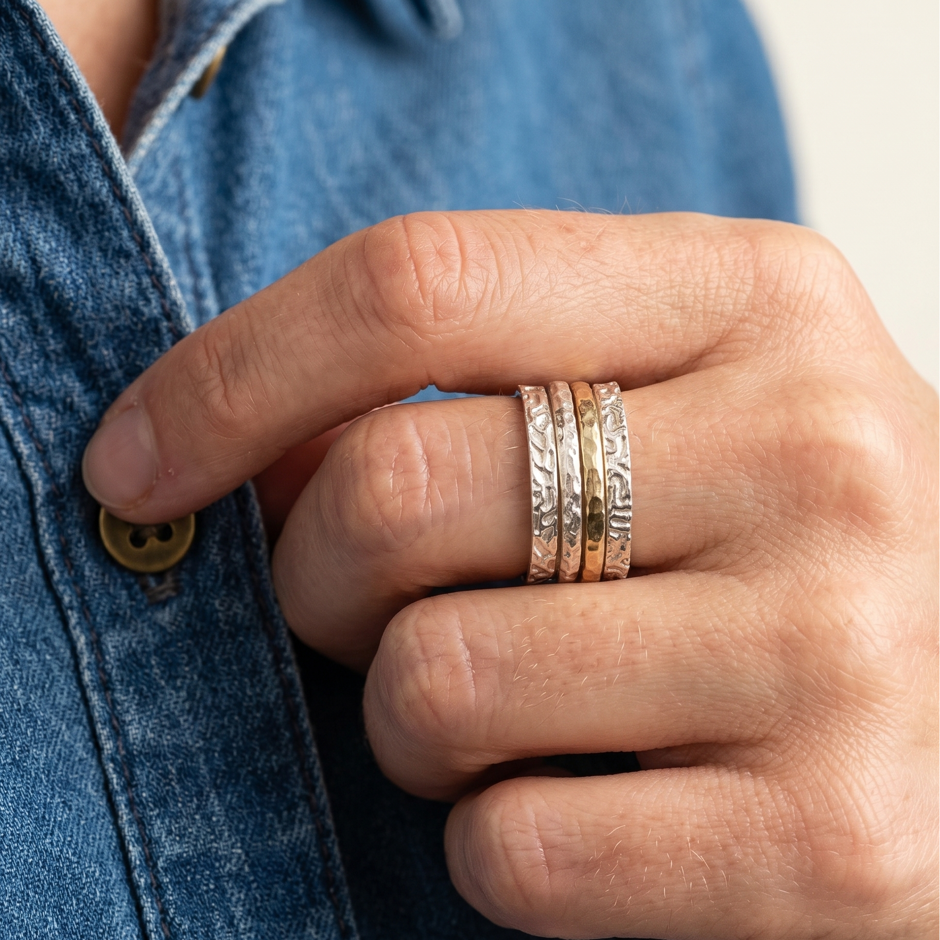 Hand wearing three gold rings with a blue denim background