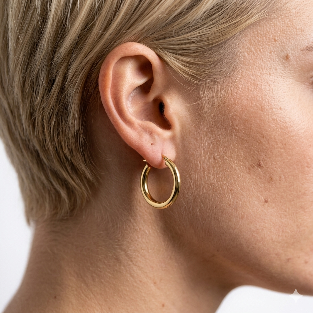 Close-up of a person wearing a gold hoop earring on a plain background