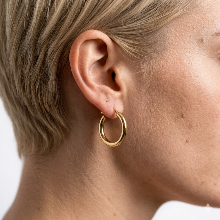 Close-up of a person wearing a gold hoop earring on a plain background