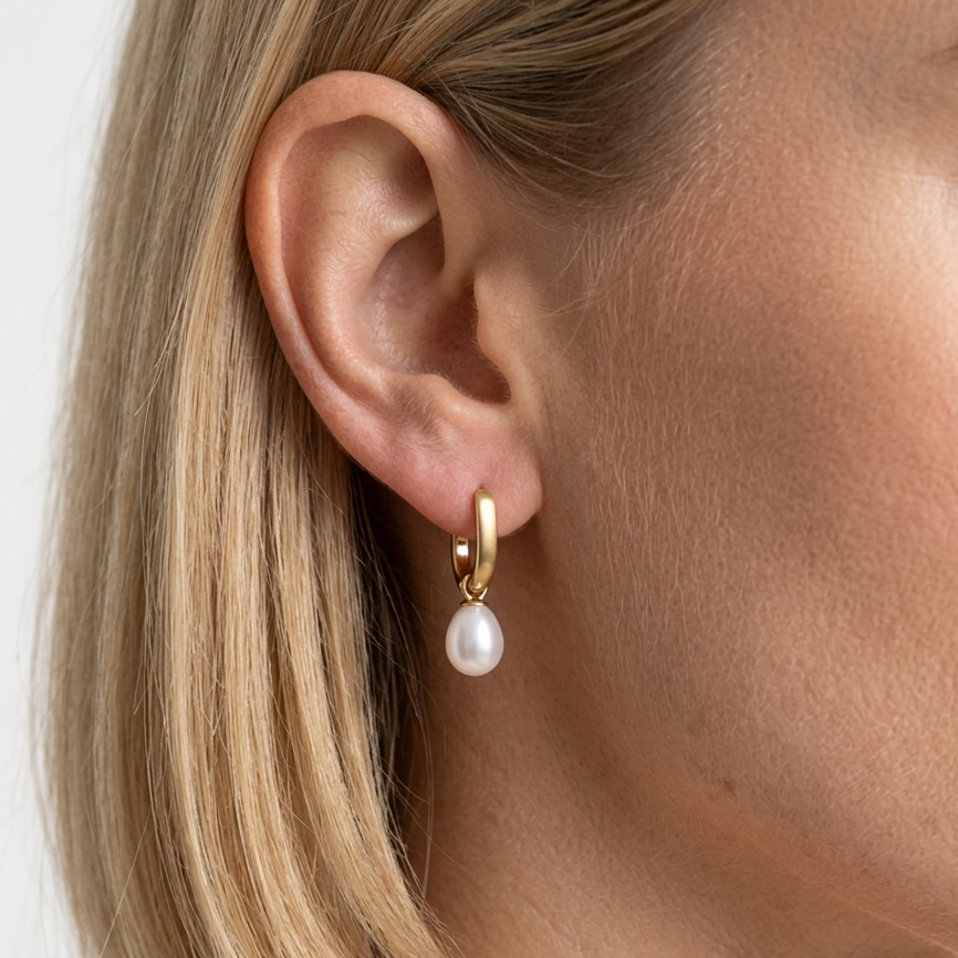 Gold hoop earring with a pearl on a blurred background