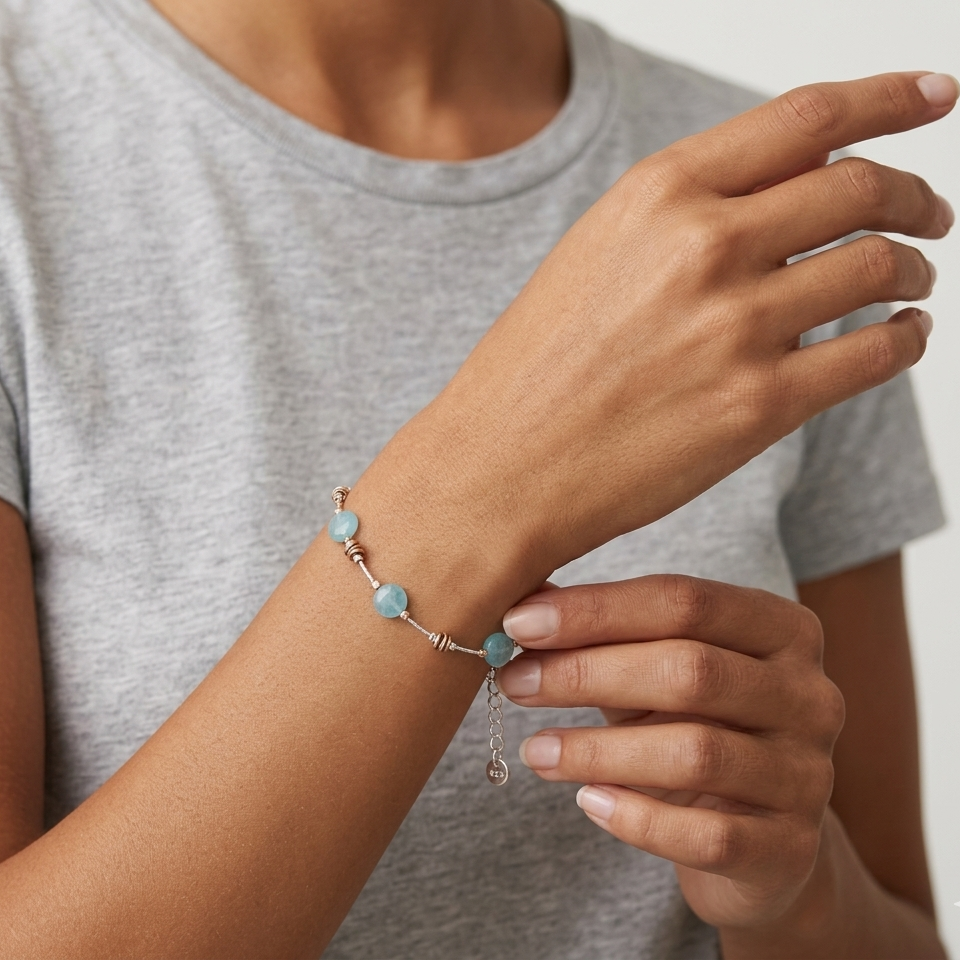 Person wearing a bracelet with turquoise beads on a plain background