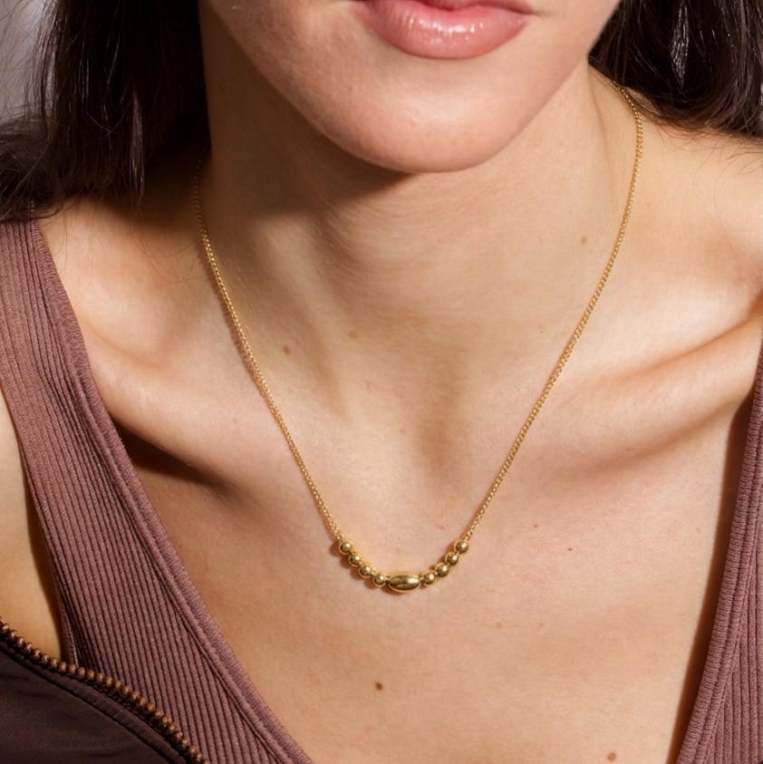 Close-up of a person wearing a gold necklace with a plain background