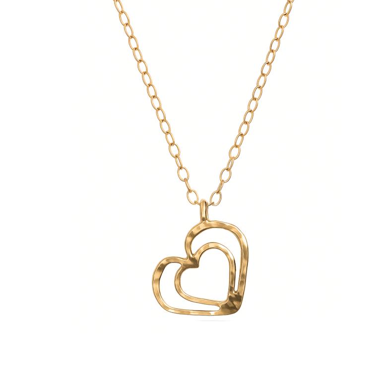 Gold necklace with two open heart shapes in a modern, elegant design.