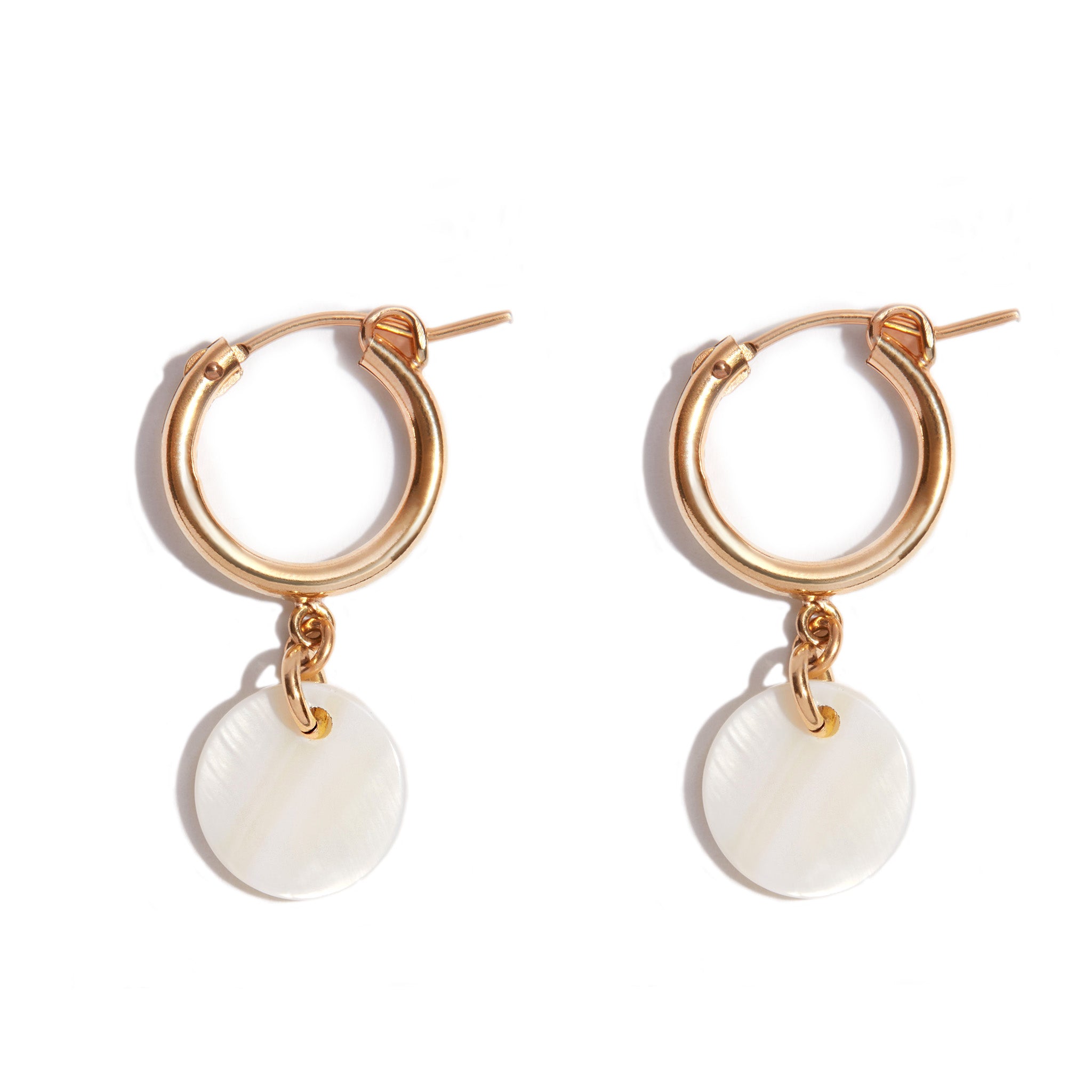 Simplistic Gold Filled Mother Pearl Hoop Drop earrings, perfect for layering or wearing on their own. Hoop Drops. Minimalistic design. For inquiries, contact us directly at hello@seoidin.com."