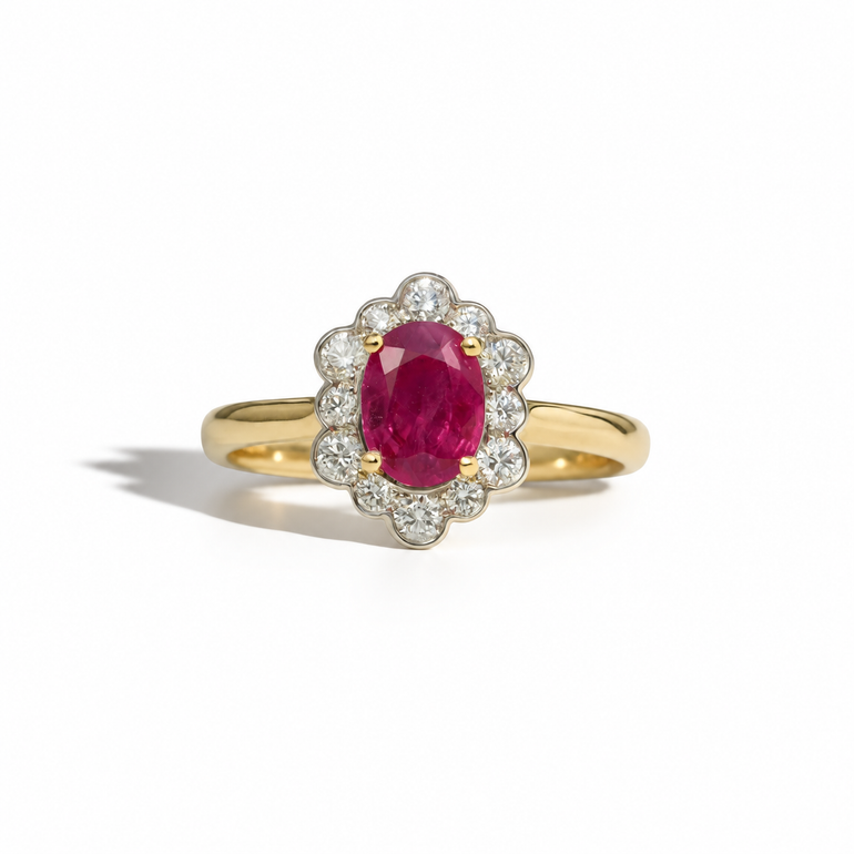 Vintage oval ruby and diamond halo ring in yellow gold with scalloped diamond surround