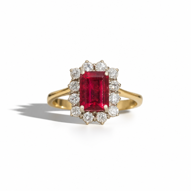 Vintage yellow gold ring featuring a rectangular emerald-cut red gemstone surrounded by a halo of round diamonds