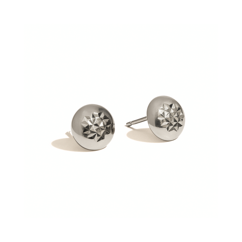 Pair of silver round earrings with geometric design on a white background