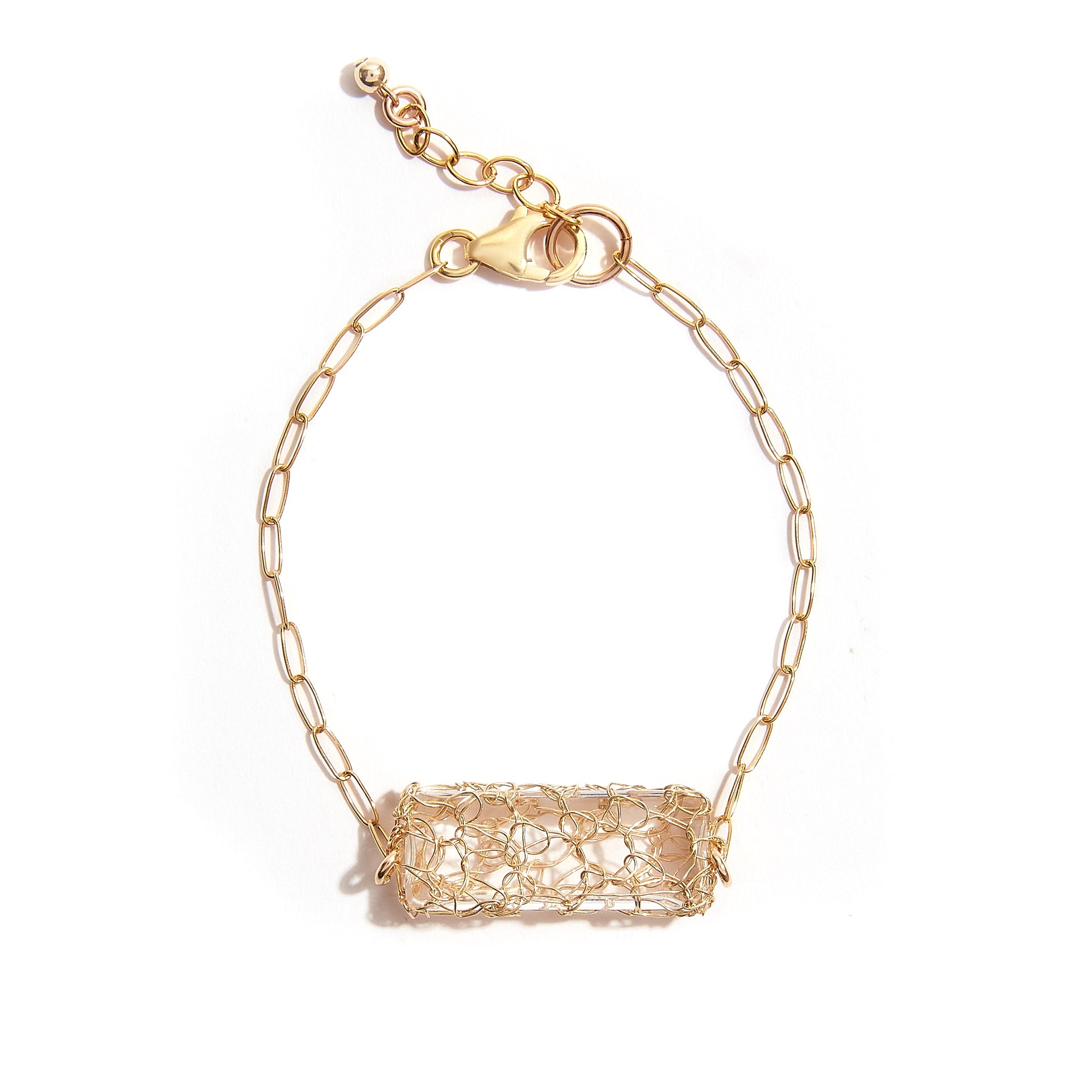 Step into sophistication with our Golden Glass Transparent Crochet Bracelet. This exquisite piece combines the timeless allure of goldfield with the modern elegance of rectangular transplanted glass. Elevate your style effortlessly with this unique and eye-catching accessory. Material: 14ct Gold-Filled. Design: Features rectangular transplanted glass, measuring 25x10mm, meticulously knitted into a full and intricate pattern.