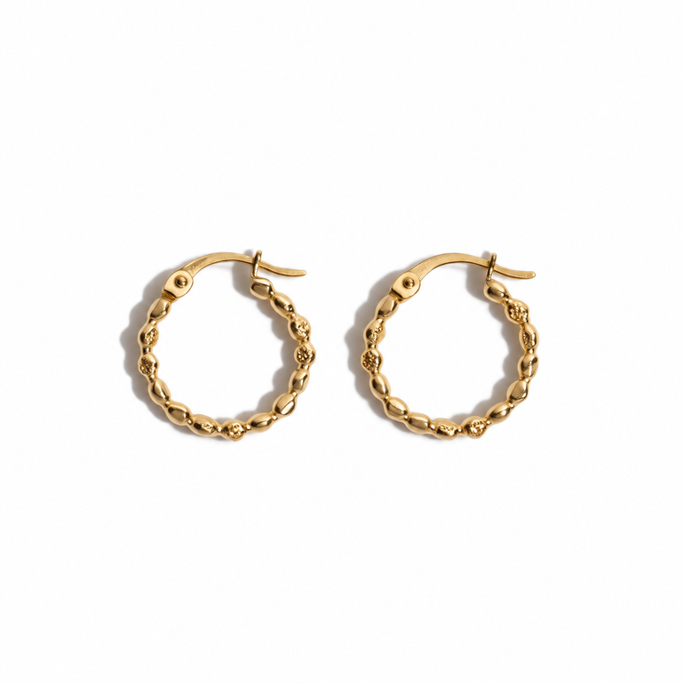 A pair of gold hoop earrings with a textured, twisted chain-like design, displayed on a clean white background.