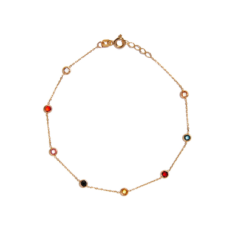 Elevate your style with our Radiant Rainbow Bracelet. Crafted from 9ct yellow gold it features eight 2.2mm multi-colored cubic zirconia stones creating a mesmerizing rainbow effect. Adjustable from 18cm to 19cm it boasts a polished finish and a secure spring ring clasp for a snug fit. Add a touch of glamour to any outfit with this versatile stone-set bracelet.