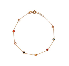 Elevate your style with our Radiant Rainbow Bracelet. Crafted from 9ct yellow gold it features eight 2.2mm multi-colored cubic zirconia stones creating a mesmerizing rainbow effect. Adjustable from 18cm to 19cm it boasts a polished finish and a secure spring ring clasp for a snug fit. Add a touch of glamour to any outfit with this versatile stone-set bracelet.
