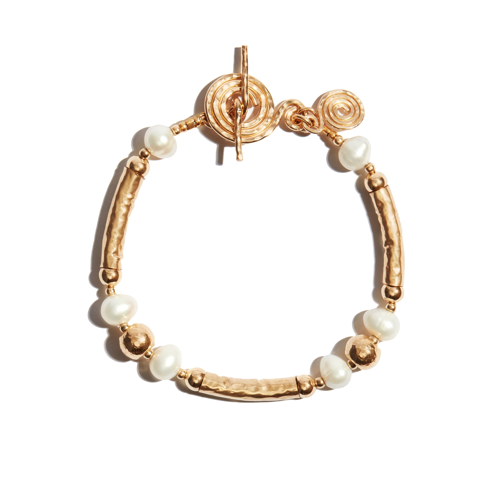 Stunning 14k gold-filled bracelet adorned with hammered gold bars, beads, and pearls, perfect for adding elegance to any outfit.