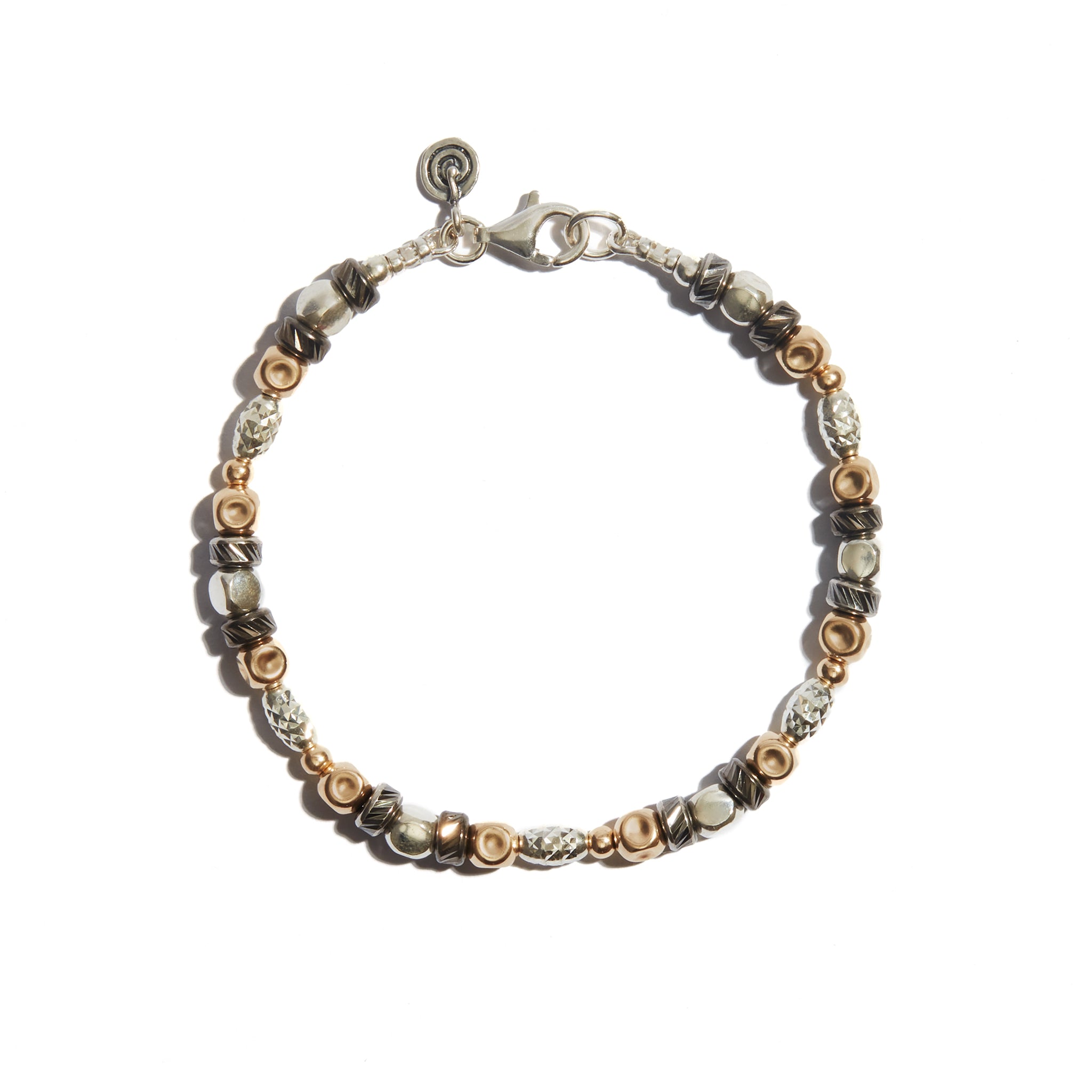 A stylish three-tone oxidized bracelet crafted from 14ct gold fill and oxidized balls, ideal as a perfect gift for someone special.