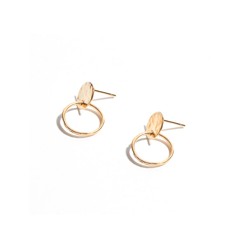 Stylish 1.5 cm Hammered Disc Hoop Earrings crafted from 14ct gold fill, perfect for adding a touch of elegance to any look.
