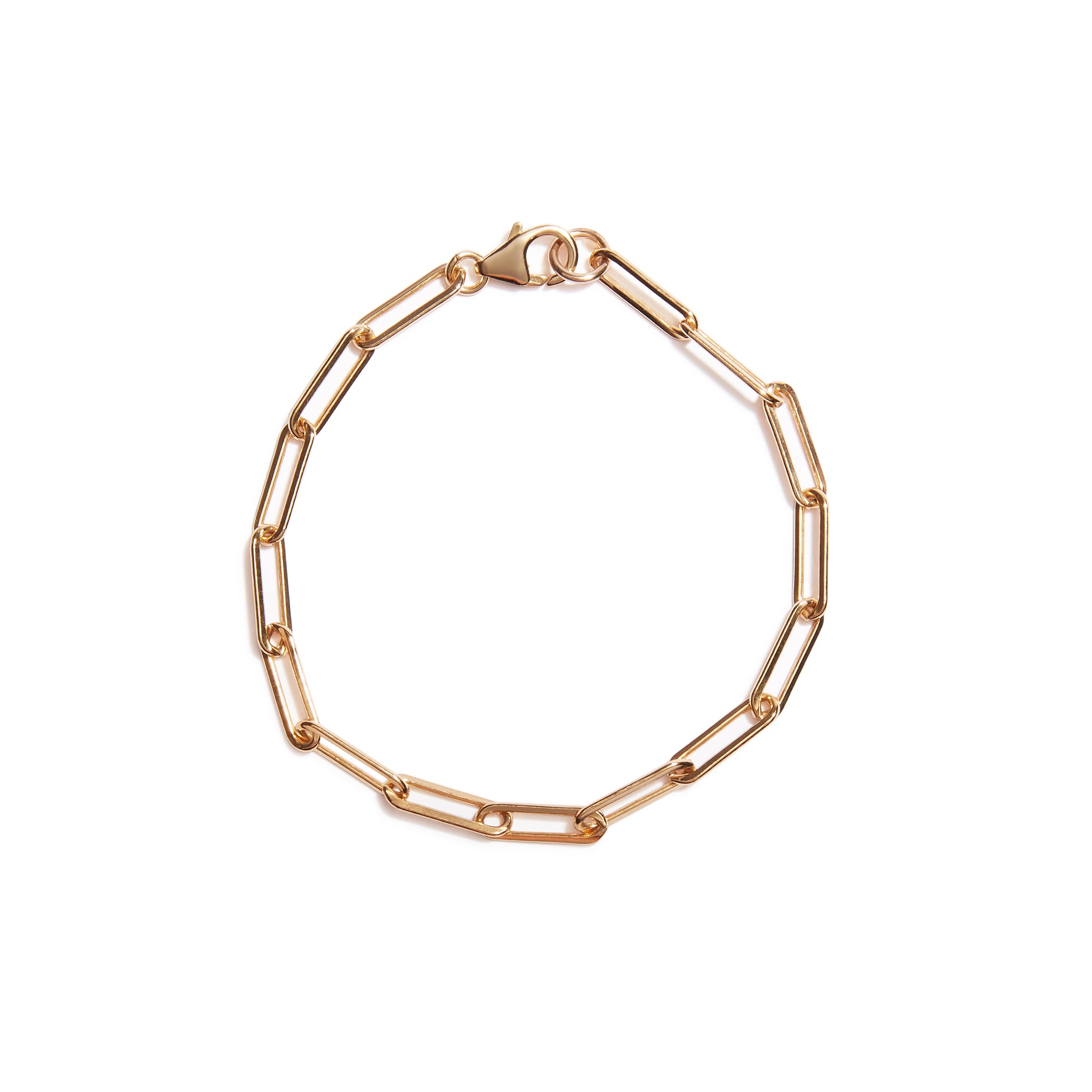 A shinny gold link bracelet made from 14ct gold fill, adding a touch of elegance to any outfit.