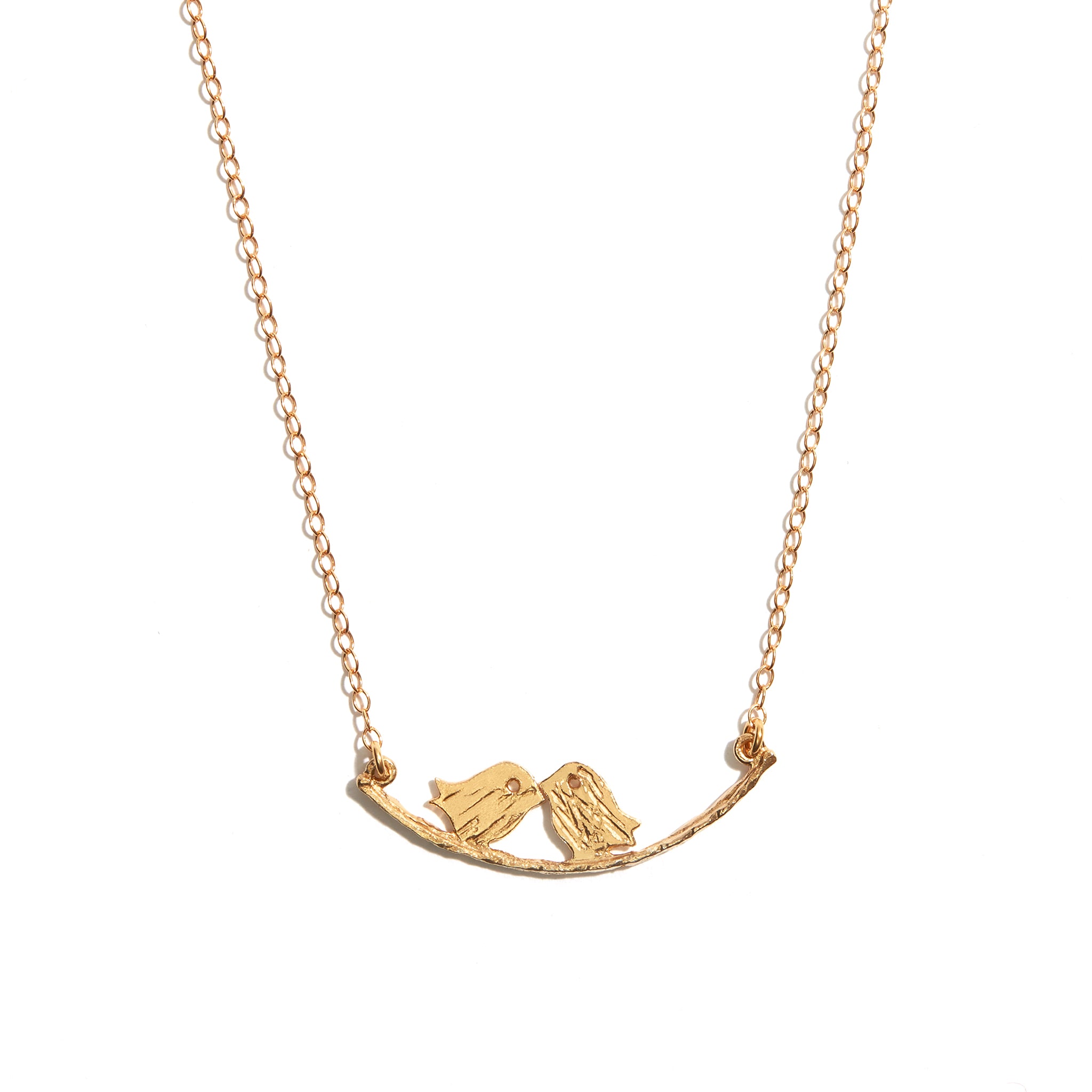 Charming Seoidín Love Birds Necklace in 14 carat gold-fill, exuding romance and timeless beauty.