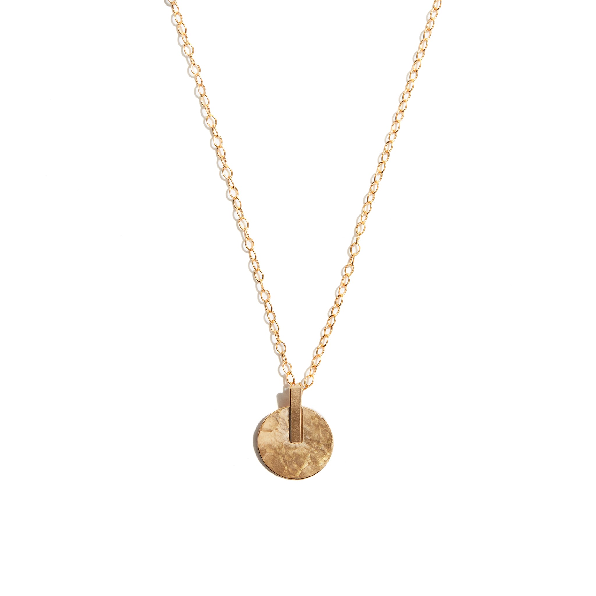 Stunning Hammered Disc Pendant crafted from 14 carat gold-fill, radiating timeless sophistication and charm.