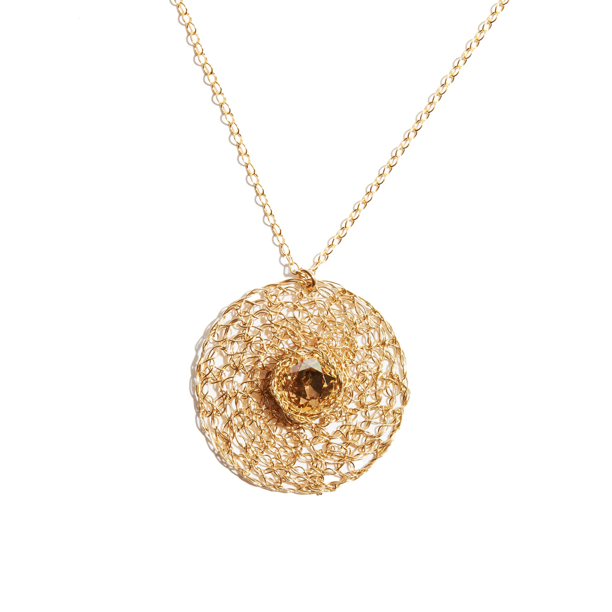A piece that tells a story. Made from 14ct gold fill, this champagne stoned crochet pendant is the perfect gift for someone special.