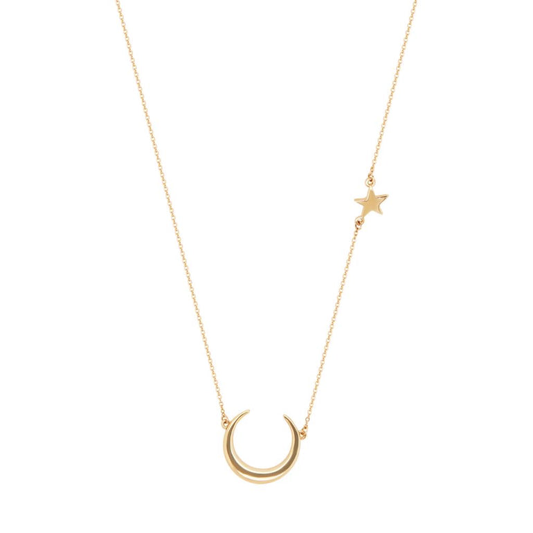 Elevate your look with the enchanting 9 carat yellow gold moon & north star pendant. This captivating accessory features a stunning combination of a crescent moon and north star design. Add celestial charm to your ensemble with this beautiful pendant.